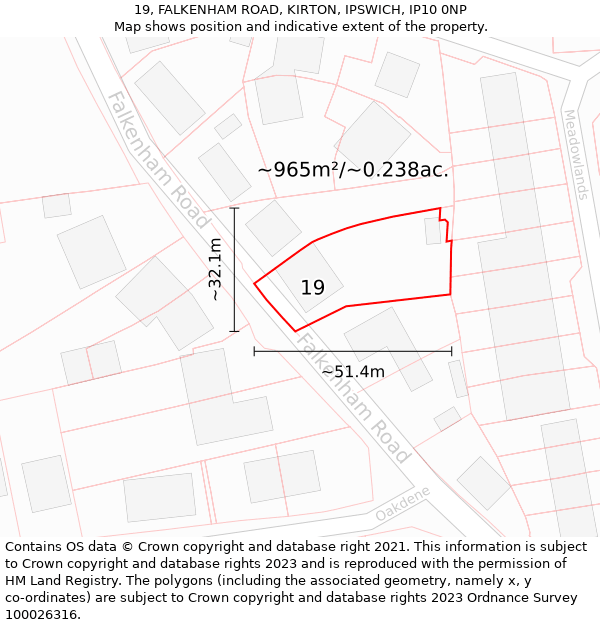 19, FALKENHAM ROAD, KIRTON, IPSWICH, IP10 0NP: Plot and title map