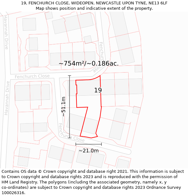 19, FENCHURCH CLOSE, WIDEOPEN, NEWCASTLE UPON TYNE, NE13 6LF: Plot and title map