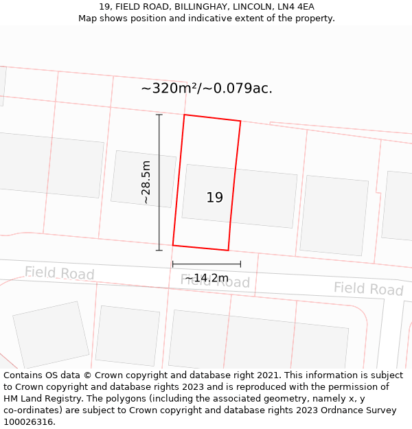19, FIELD ROAD, BILLINGHAY, LINCOLN, LN4 4EA: Plot and title map