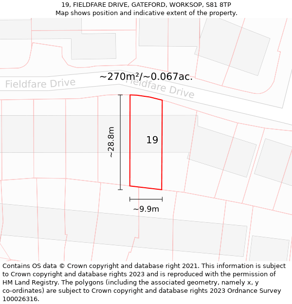 19, FIELDFARE DRIVE, GATEFORD, WORKSOP, S81 8TP: Plot and title map