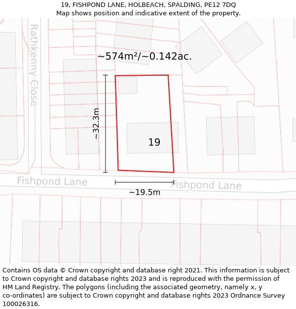 19, FISHPOND LANE, HOLBEACH, SPALDING, PE12 7DQ: Plot and title map