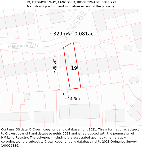 19, FLEXMORE WAY, LANGFORD, BIGGLESWADE, SG18 9PT: Plot and title map