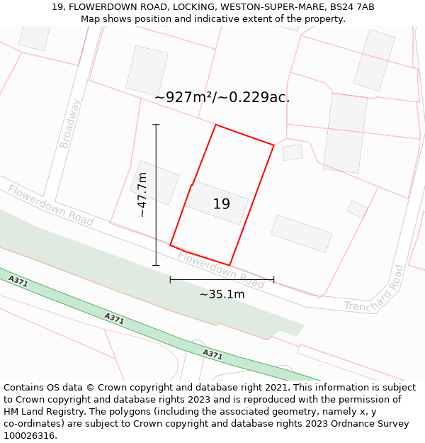 19, FLOWERDOWN ROAD, LOCKING, WESTON-SUPER-MARE, BS24 7AB: Plot and title map