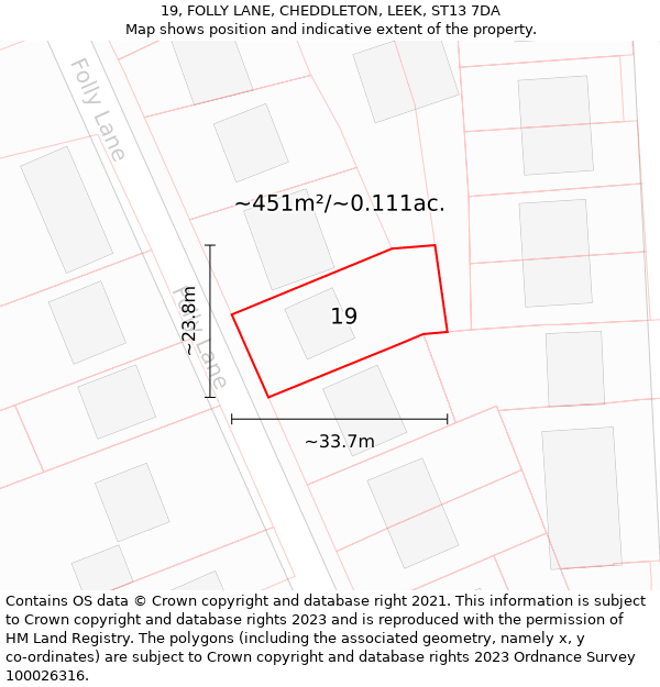 19, FOLLY LANE, CHEDDLETON, LEEK, ST13 7DA: Plot and title map