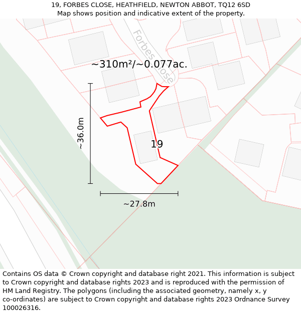 19, FORBES CLOSE, HEATHFIELD, NEWTON ABBOT, TQ12 6SD: Plot and title map