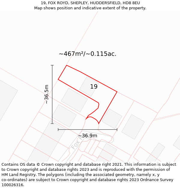 19, FOX ROYD, SHEPLEY, HUDDERSFIELD, HD8 8EU: Plot and title map