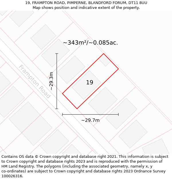 19, FRAMPTON ROAD, PIMPERNE, BLANDFORD FORUM, DT11 8UU: Plot and title map