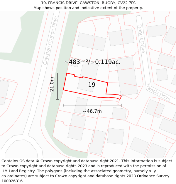 19, FRANCIS DRIVE, CAWSTON, RUGBY, CV22 7FS: Plot and title map