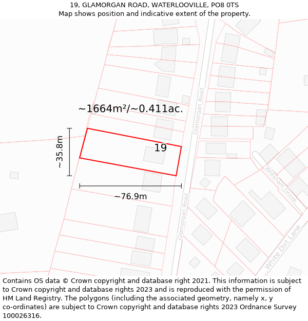 19, GLAMORGAN ROAD, WATERLOOVILLE, PO8 0TS: Plot and title map