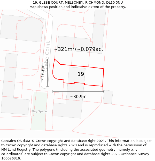 19, GLEBE COURT, MELSONBY, RICHMOND, DL10 5NU: Plot and title map