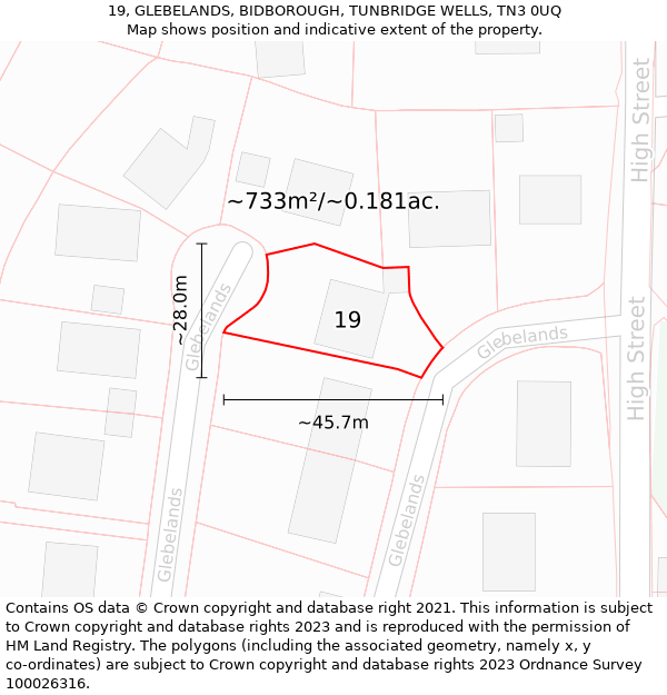 19, GLEBELANDS, BIDBOROUGH, TUNBRIDGE WELLS, TN3 0UQ: Plot and title map