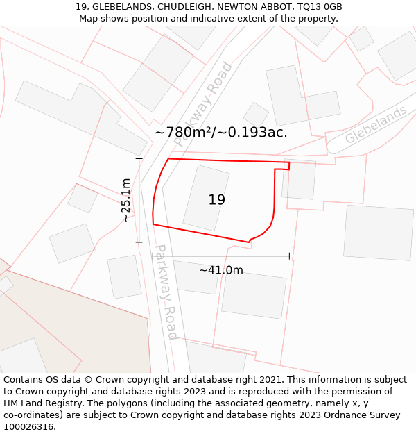 19, GLEBELANDS, CHUDLEIGH, NEWTON ABBOT, TQ13 0GB: Plot and title map