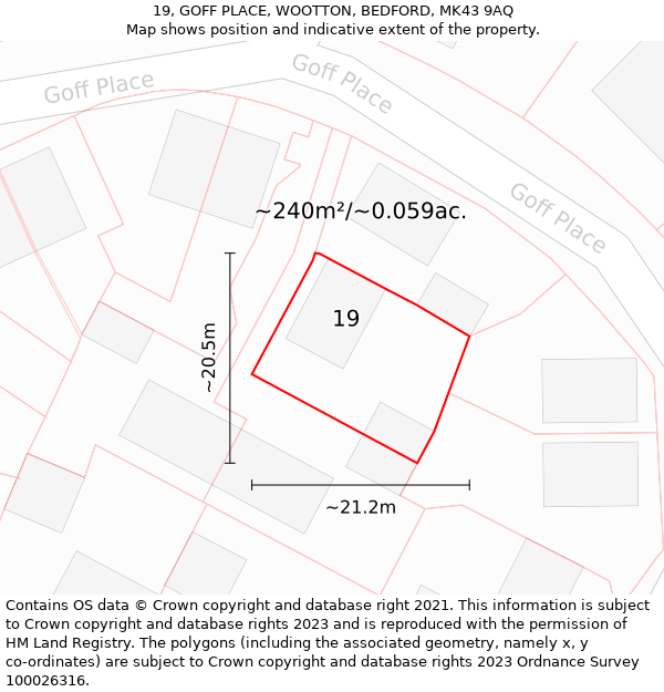 19, GOFF PLACE, WOOTTON, BEDFORD, MK43 9AQ: Plot and title map