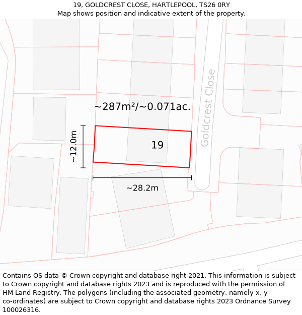 19, GOLDCREST CLOSE, HARTLEPOOL, TS26 0RY: Plot and title map