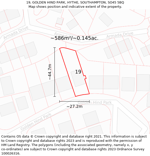 19, GOLDEN HIND PARK, HYTHE, SOUTHAMPTON, SO45 5BQ: Plot and title map