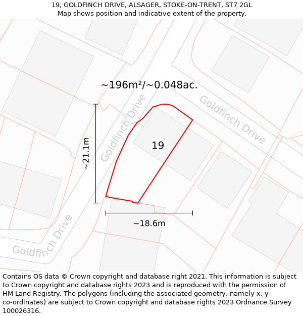 19, GOLDFINCH DRIVE, ALSAGER, STOKE-ON-TRENT, ST7 2GL: Plot and title map