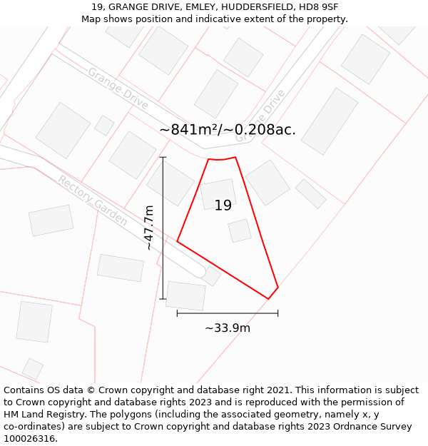 19, GRANGE DRIVE, EMLEY, HUDDERSFIELD, HD8 9SF: Plot and title map