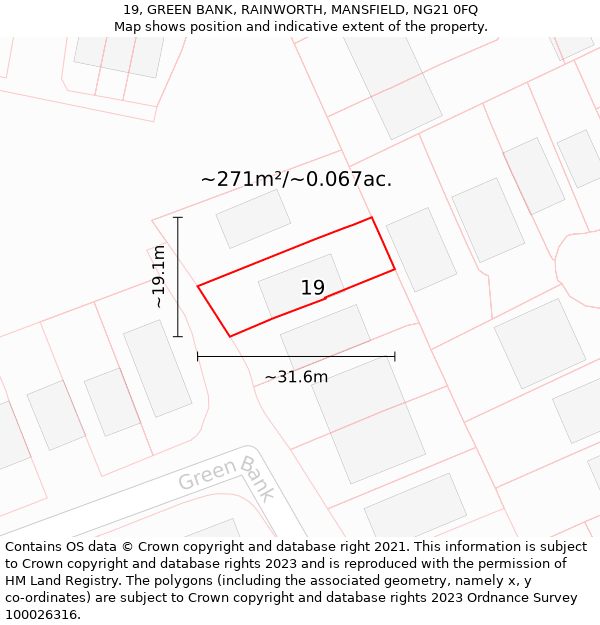 19, GREEN BANK, RAINWORTH, MANSFIELD, NG21 0FQ: Plot and title map