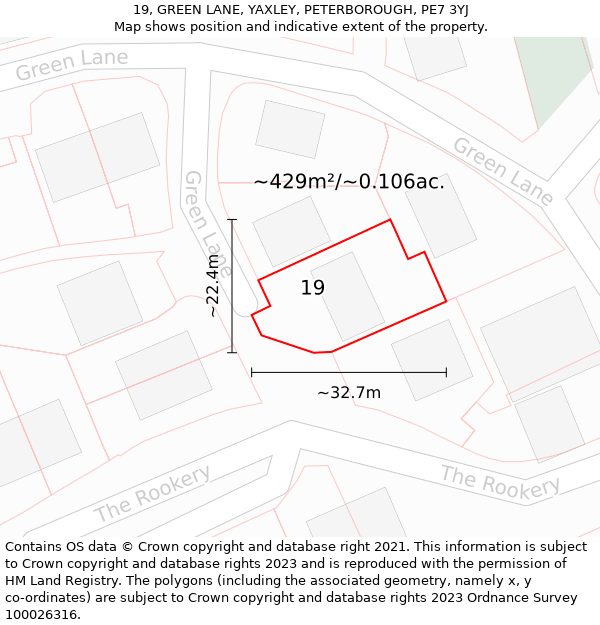 19, GREEN LANE, YAXLEY, PETERBOROUGH, PE7 3YJ: Plot and title map