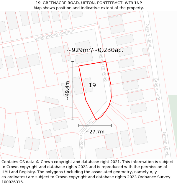 19, GREENACRE ROAD, UPTON, PONTEFRACT, WF9 1NP: Plot and title map