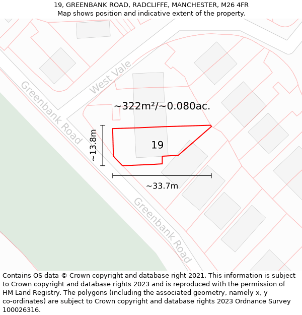 19, GREENBANK ROAD, RADCLIFFE, MANCHESTER, M26 4FR: Plot and title map