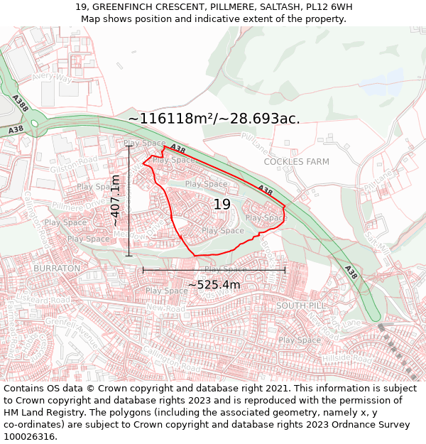 19, GREENFINCH CRESCENT, PILLMERE, SALTASH, PL12 6WH: Plot and title map