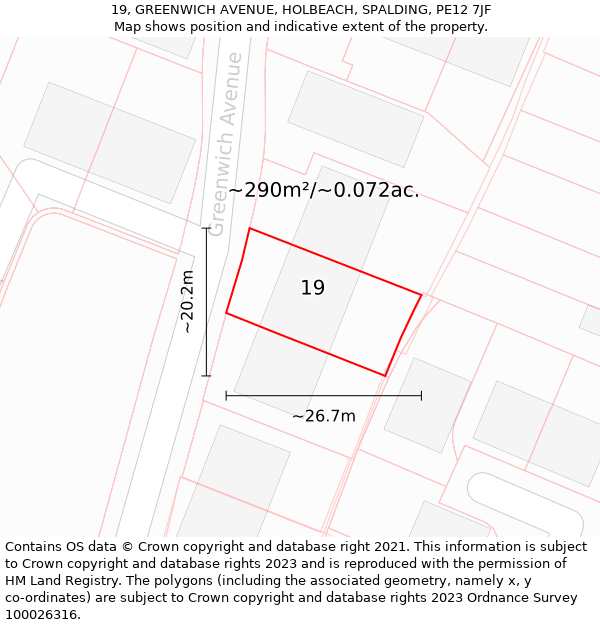 19, GREENWICH AVENUE, HOLBEACH, SPALDING, PE12 7JF: Plot and title map