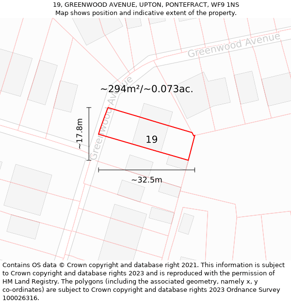 19, GREENWOOD AVENUE, UPTON, PONTEFRACT, WF9 1NS: Plot and title map