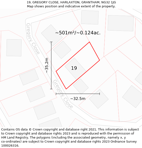 19, GREGORY CLOSE, HARLAXTON, GRANTHAM, NG32 1JG: Plot and title map