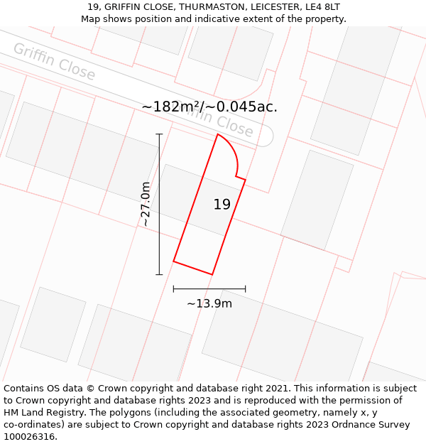 19, GRIFFIN CLOSE, THURMASTON, LEICESTER, LE4 8LT: Plot and title map