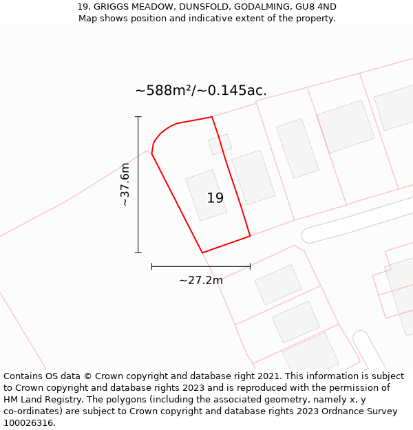 19, GRIGGS MEADOW, DUNSFOLD, GODALMING, GU8 4ND: Plot and title map