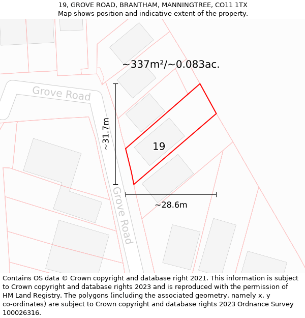 19, GROVE ROAD, BRANTHAM, MANNINGTREE, CO11 1TX: Plot and title map