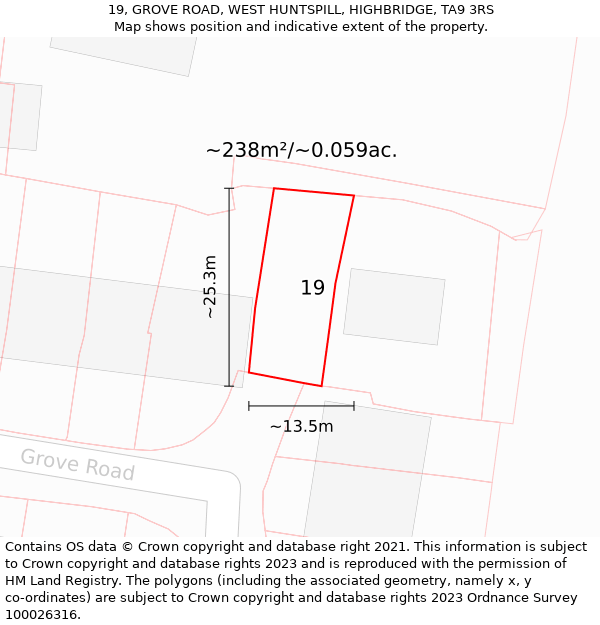 19, GROVE ROAD, WEST HUNTSPILL, HIGHBRIDGE, TA9 3RS: Plot and title map