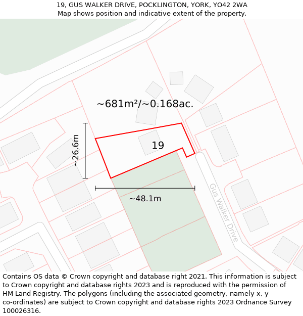 19, GUS WALKER DRIVE, POCKLINGTON, YORK, YO42 2WA: Plot and title map