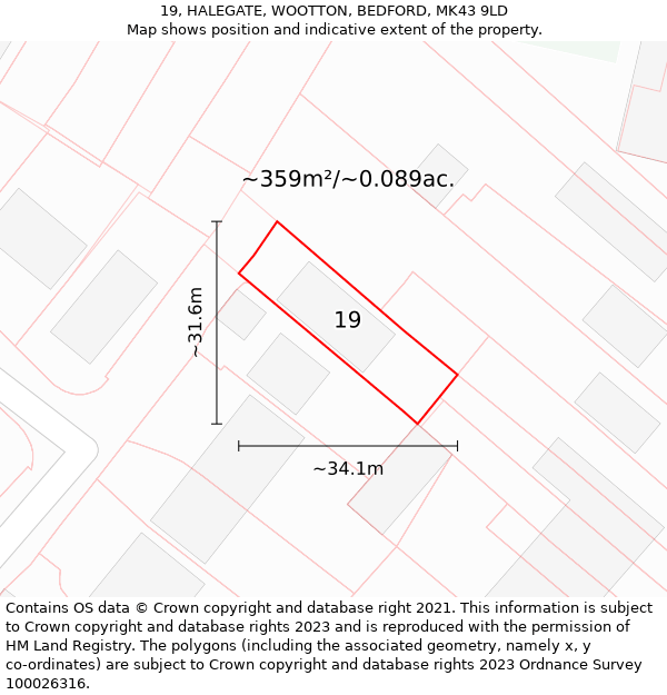 19, HALEGATE, WOOTTON, BEDFORD, MK43 9LD: Plot and title map