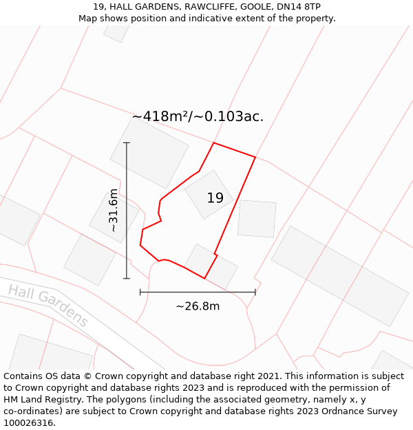 19, HALL GARDENS, RAWCLIFFE, GOOLE, DN14 8TP: Plot and title map