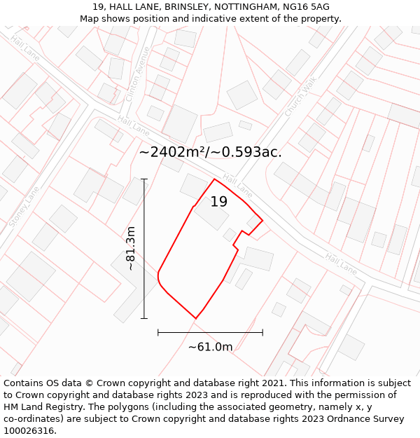 19, HALL LANE, BRINSLEY, NOTTINGHAM, NG16 5AG: Plot and title map