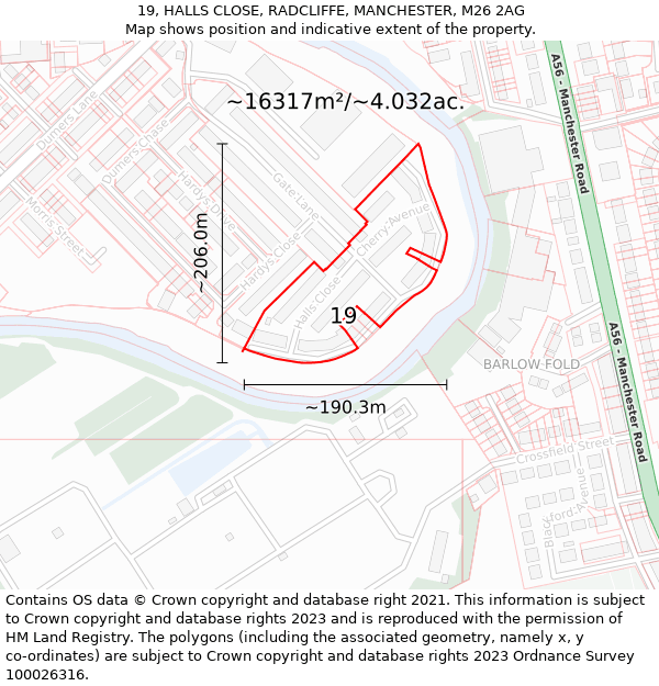 19, HALLS CLOSE, RADCLIFFE, MANCHESTER, M26 2AG: Plot and title map