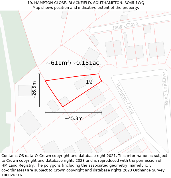 19, HAMPTON CLOSE, BLACKFIELD, SOUTHAMPTON, SO45 1WQ: Plot and title map