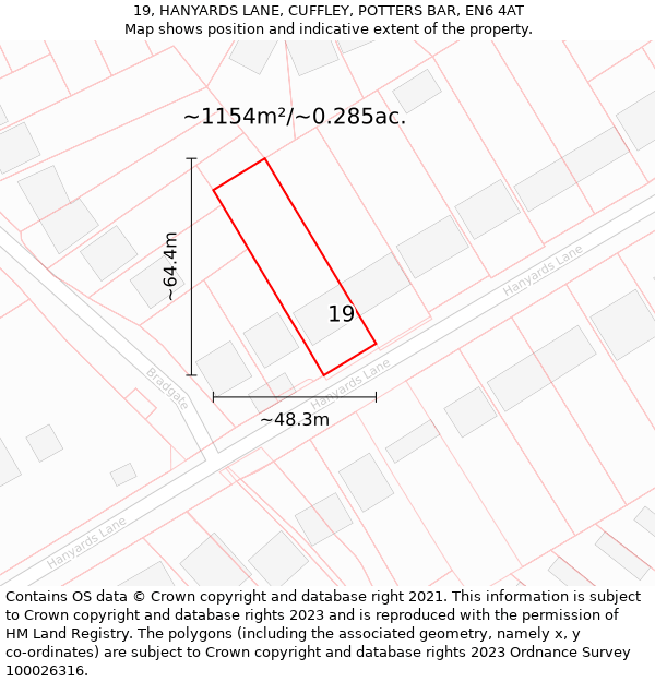 19, HANYARDS LANE, CUFFLEY, POTTERS BAR, EN6 4AT: Plot and title map