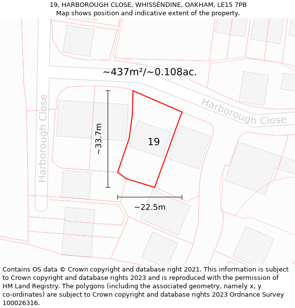 19, HARBOROUGH CLOSE, WHISSENDINE, OAKHAM, LE15 7PB: Plot and title map