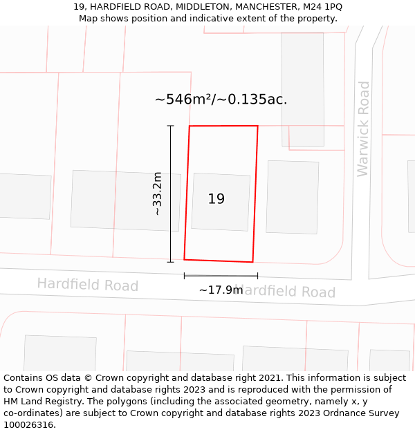 19, HARDFIELD ROAD, MIDDLETON, MANCHESTER, M24 1PQ: Plot and title map