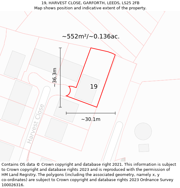 19, HARVEST CLOSE, GARFORTH, LEEDS, LS25 2FB: Plot and title map