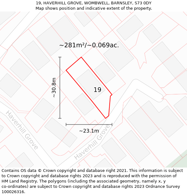 19, HAVERHILL GROVE, WOMBWELL, BARNSLEY, S73 0DY: Plot and title map