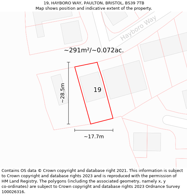 19, HAYBORO WAY, PAULTON, BRISTOL, BS39 7TB: Plot and title map