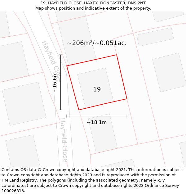 19, HAYFIELD CLOSE, HAXEY, DONCASTER, DN9 2NT: Plot and title map