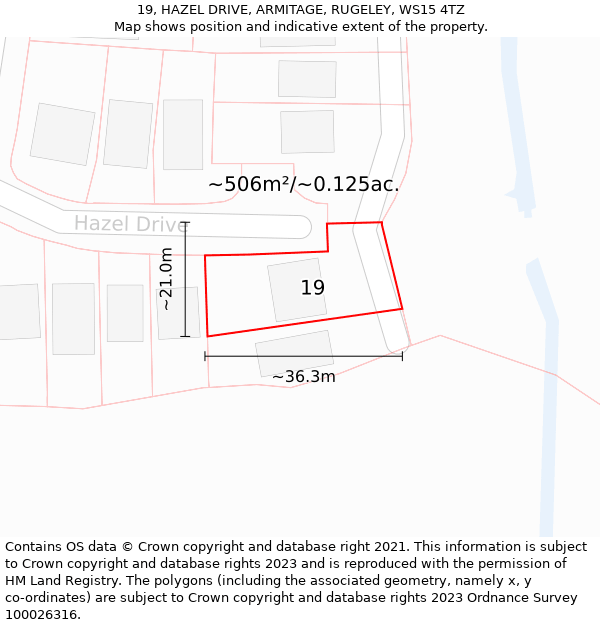 19, HAZEL DRIVE, ARMITAGE, RUGELEY, WS15 4TZ: Plot and title map