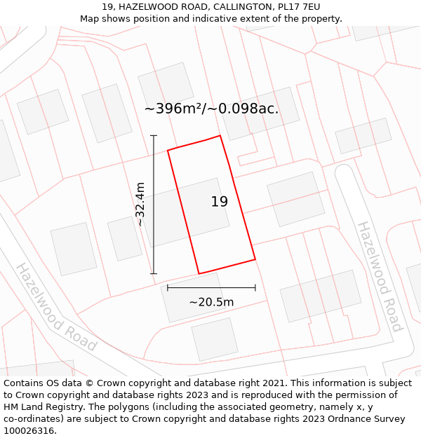 19, HAZELWOOD ROAD, CALLINGTON, PL17 7EU: Plot and title map