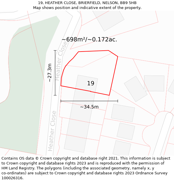 19, HEATHER CLOSE, BRIERFIELD, NELSON, BB9 5HB: Plot and title map