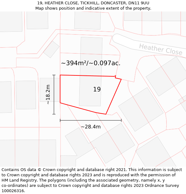 19, HEATHER CLOSE, TICKHILL, DONCASTER, DN11 9UU: Plot and title map